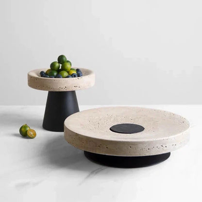 DecorBites™ Beige Travertine Marble Tray on Metal Base - Vintage Round Serving Stand