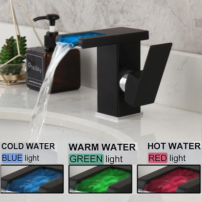 KEMAIDI Black LED Bathroom Sink Faucet Mixer Bathroom Waterfall Faucets Washbasin Cold And Hot Mixer Deck Mounted Crane Tap