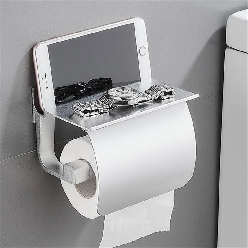 DecorBites™ Black Toilet Paper Holder with Silver Phone Storage Shelf