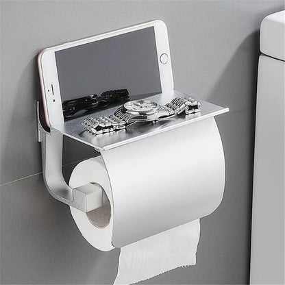 DecorBites™ Black Toilet Paper Holder with Silver Phone Storage Shelf