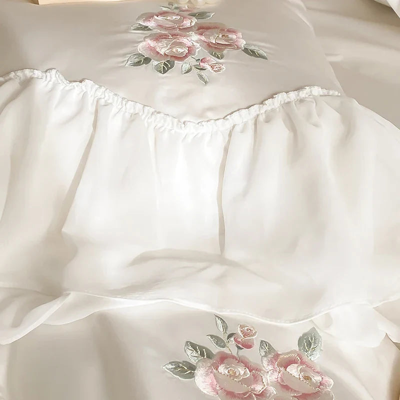 Decobites Lace Ruffles Flowers Embroidery 4Pc Egyptian Cotton Bedding Set