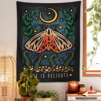 Mushroom Moon Moth Tapestry Wall Hanging by Decobites - Aesthetic Retro Psychedelic Decor