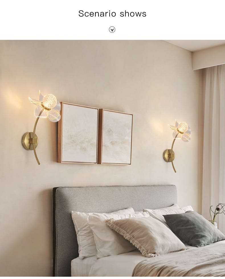 Creative floral decorative gold led wall lamp featuring gold-toned sconces with delicate translucent flower-shaped glass shades for bedroom use.