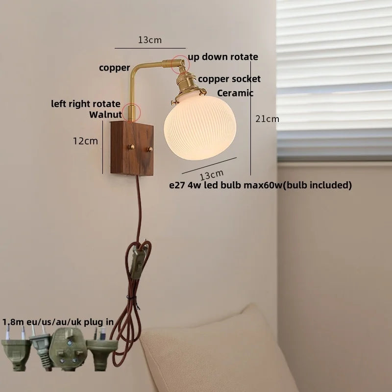 DecorBites™ Globe Ceramic LED Wall Lights Walnut Wood Sconce Rotatable Bedside Lamp