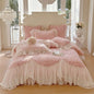 Decobites Pink Rose Flowers Lace Ruffles Bedding Set, Duvet Cover, Sheet, Pillowcases