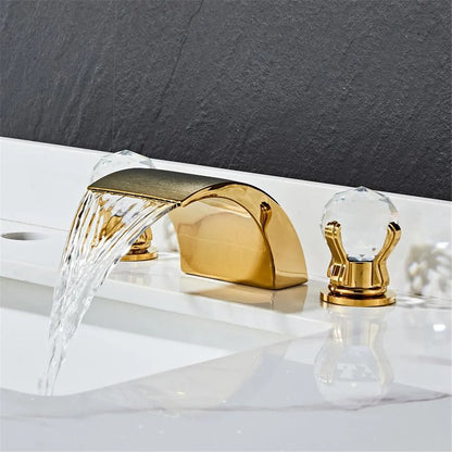 DecorBites™ Black Basin Faucet: Brass Gold Crystal Sink Faucet, 3 Hole Waterfall Tap