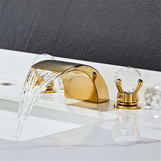 DecorBites™ Black Basin Faucet: Brass Gold Crystal Sink Faucet, 3 Hole Waterfall Tap