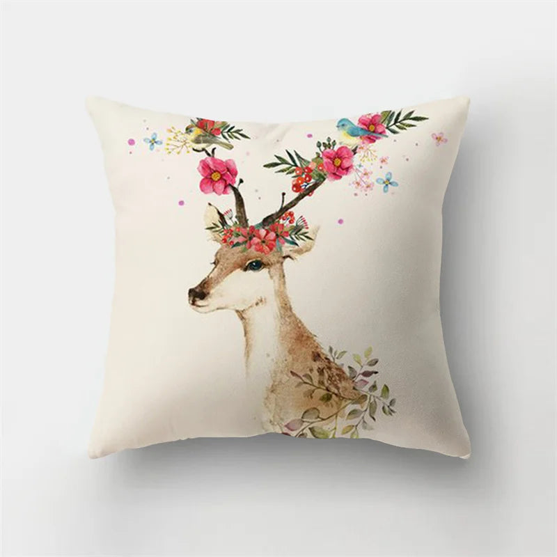 DecorBites™ Deer Animal Short Plush Pillowcase with Natural Leaves and Flowers
