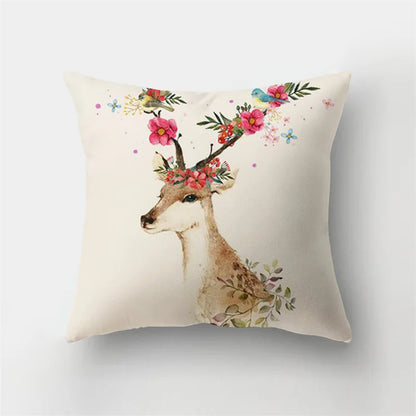 DecorBites™ Deer Animal Short Plush Pillowcase with Natural Leaves and Flowers