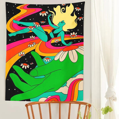 Decobites Retro Rainbow Woman Tapestry Wall Hanging: 80s Boho Psychedelic Wall Decor