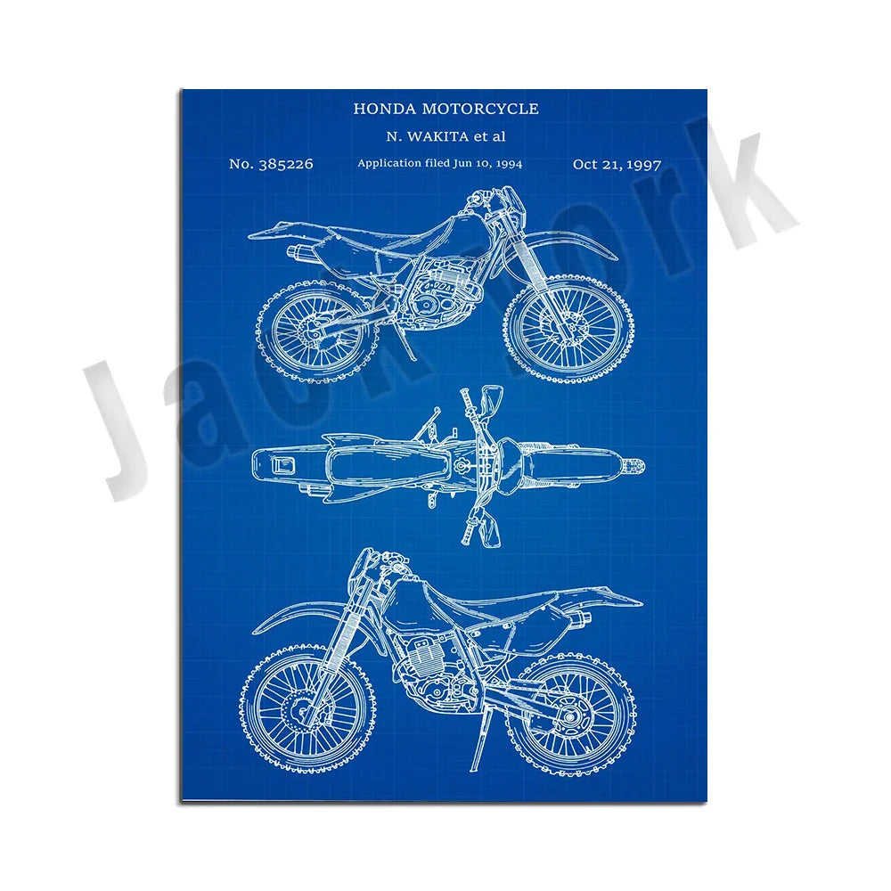 DecorBites™ Dirt Bike Patent Blueprint Poster Canvas Wall Art