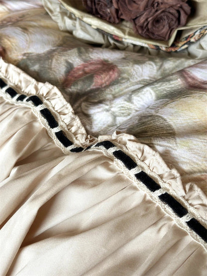 Decobites Vintage Floral Bedding Set with Ruffles in Egyptian Cotton, Romantic Oil Painting Style