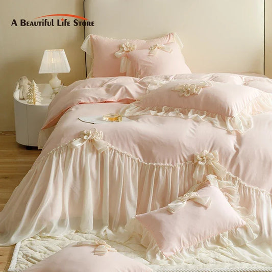 Decobites Sweet Lace Ruffles Flowers Bow Wedding Bedding Set - 200X230cm