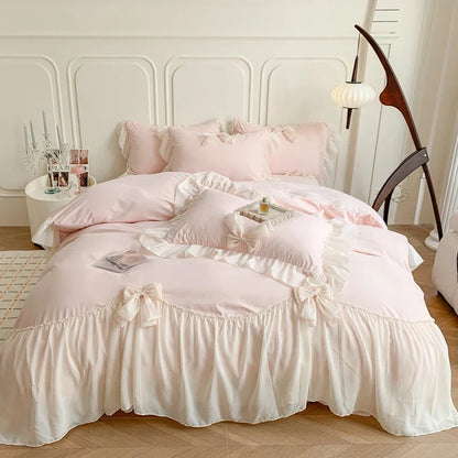 Decobites Pink French Princess Lace Ruffle Bow Bedding Set - Single Queen King