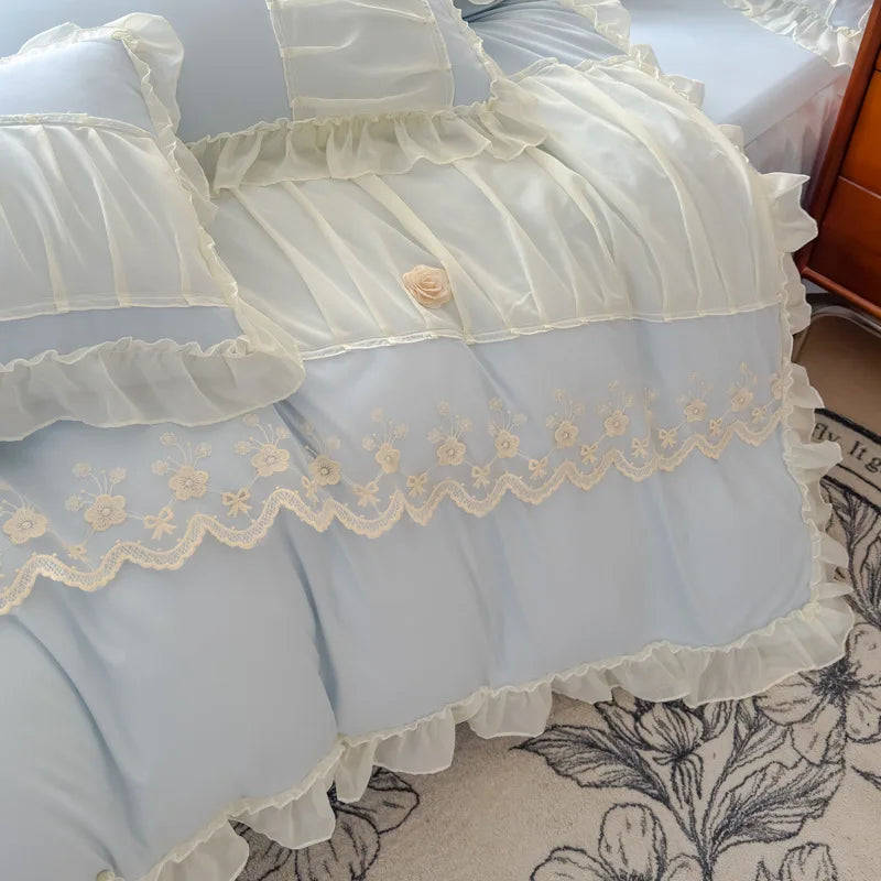 DecorBites™ Lace Luxury Bed Skirt Set: Silky Solid Color Bedclothes Single Double Bedspread