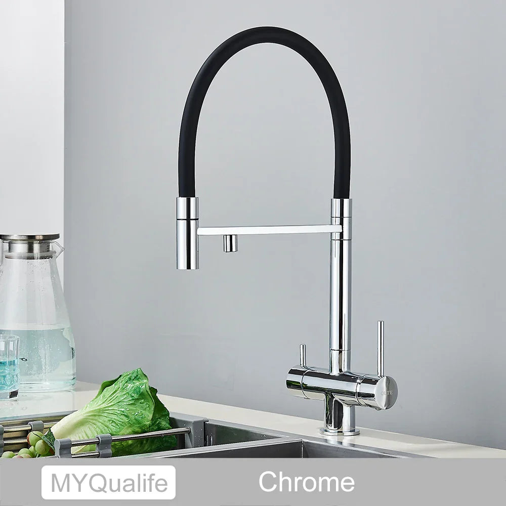 Grifo de cocina filtrado negro Decorbites™ de latón con doble manija para agua pura mezcladora