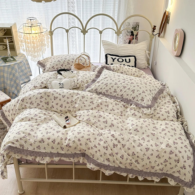 DecorBites™ French Floral Print Double Layer Lace Ruffles Bedding Set