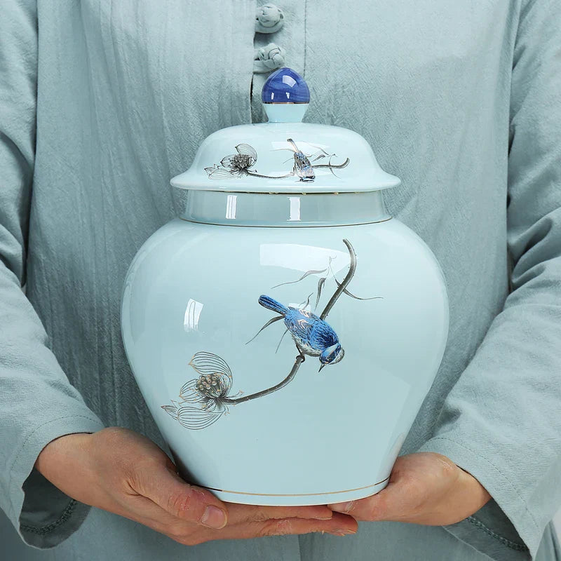 DecorBites™ Hand Painted Blue and White Ceramic Tea Canister Jar