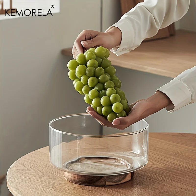 Frutero de vidrio creativo DecorBites™ con base de madera: ensaladera grande para aperitivos, palomitas de maíz, frutos secos y más.
