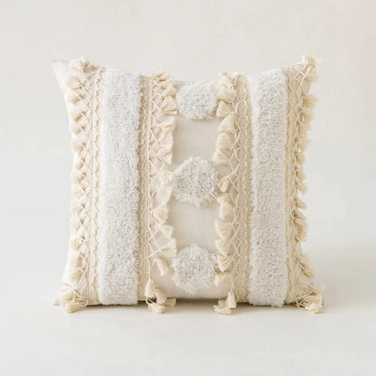 DecorBites™ Beige Tufted Fringed Cushion Cover Cotton Linen Tassel Crochet Pillow Cover