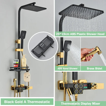 DecorBites™ Gold Thermostatic Shower Faucet Set: Smart Digital Mixer, Wall Mounted Rainfall System