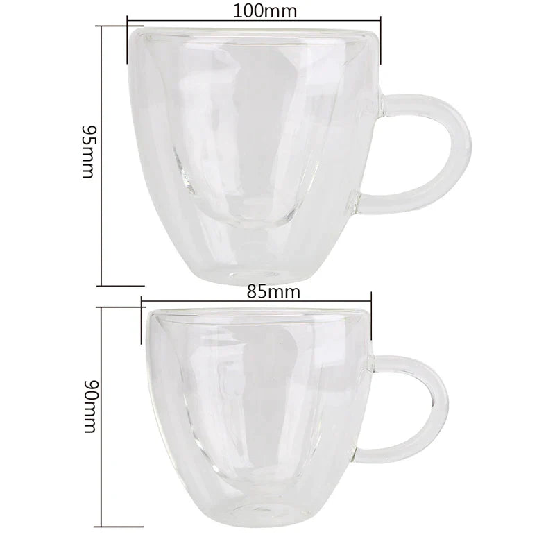 Juego de tazas de cristal DecorBites™ con forma de corazón: Tazas de doble pared para parejas, ideales para té, café o cerveza. Un regalo perfecto.