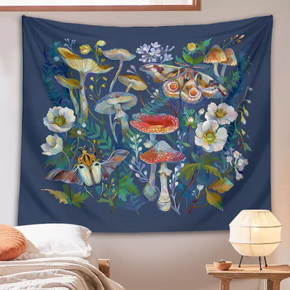 Decobites Mushroom Moth Garden Tapestry: Boho Psychedelic Wall Hanging for Botanical Bedroom Decor