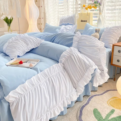 DecorBites™ Lace Trim Bedding Set Queen/King Size Comforter Sets Solid Color Bed Skirt