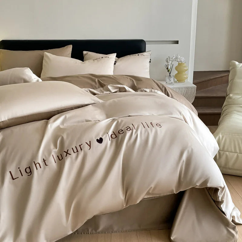 DecorBites™ 120S Long Staple Cotton Satin Embroidery Bedding Set - Solid Color Twin Full Double Comforter