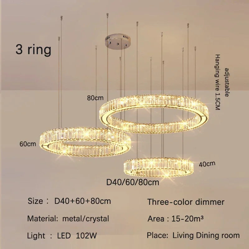 DecorBites™ Golden Crystal Chandelier: Nordic Modern Luxury LED Hanging Halo for Living Room