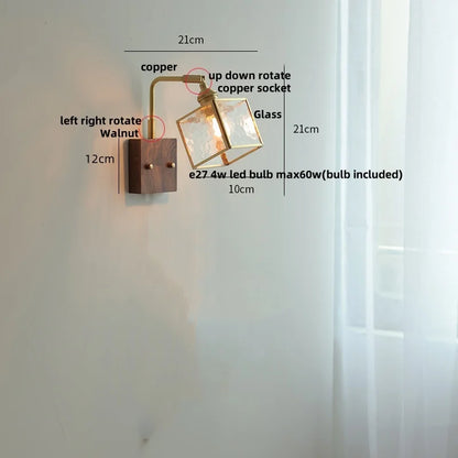 DecorBites™ Clear Glass LED Wall Light Walnut Bedside Lamp Modern Rotatable Brass Wall Lights