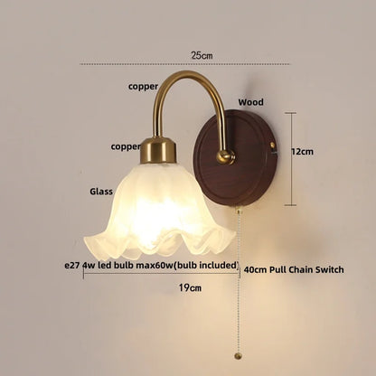 DecorBites™ LED Wall Light Glass Fixture Pull Chain Switch Wood Bedside Sconce