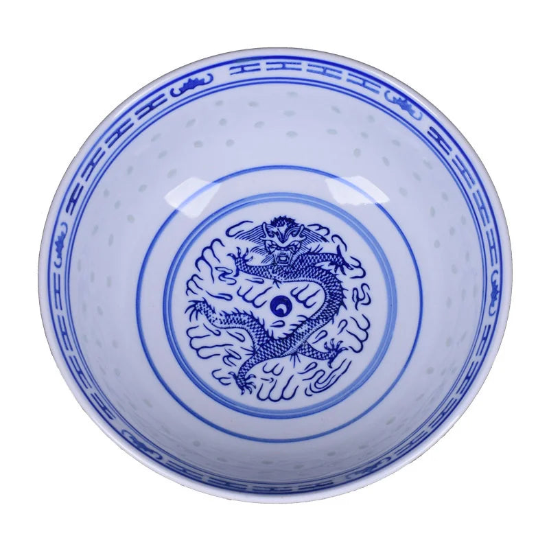 Tazón para sopa ramen de porcelana azul y blanca con diseño de dragón DecorBites™