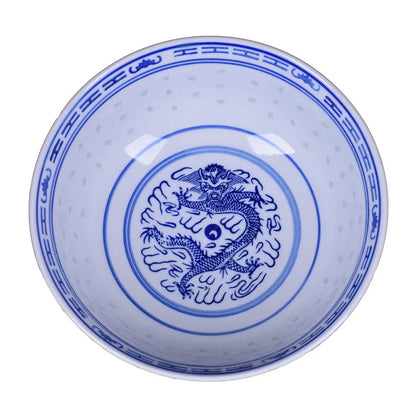 Tazón para sopa ramen de porcelana azul y blanca con diseño de dragón DecorBites™