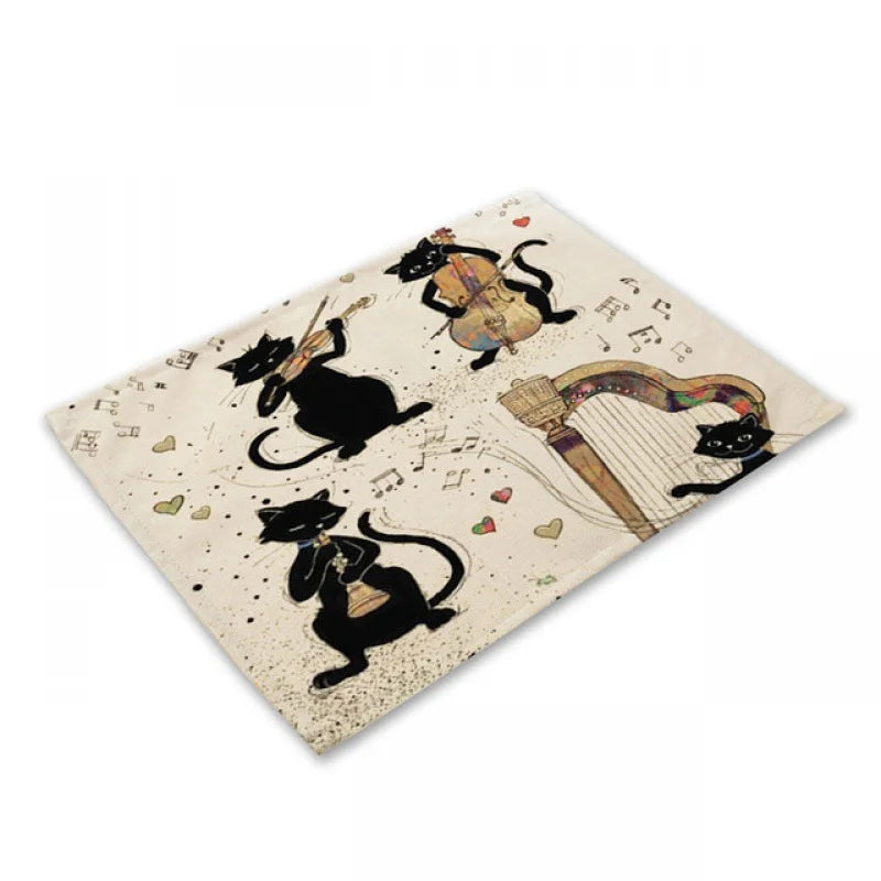 DecorBites™ Black Cat Linen Placemat Set for Dining Table & Kitchen Decor