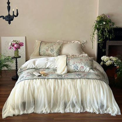 Decobites French Princess Lace Ruffles Bedding Set with Soft Silky Touch