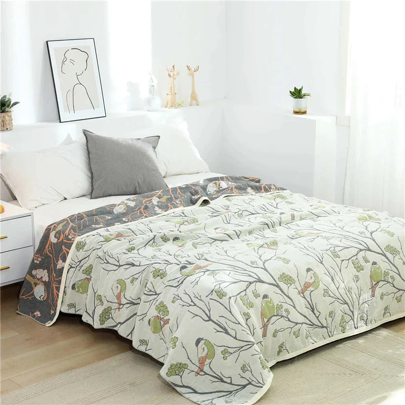 DecorBites™ Japanese Cotton Single Bedspread with Pillow Towel - Floral Birds Design