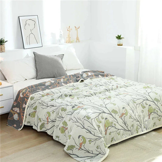 DecorBites™ Japanese Cotton Single Bedspread with Pillow Towel - Floral Birds Design