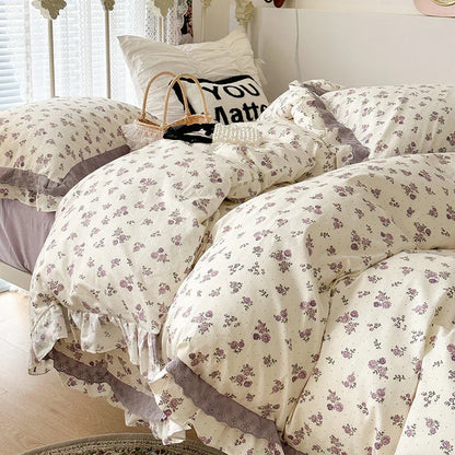 DecorBites™ French Floral Print Double Layer Lace Ruffles Bedding Set