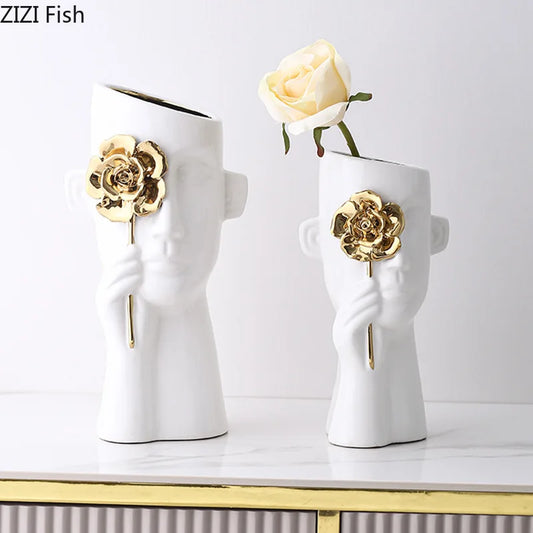 DecorBites™ Gold Rose Relief Ceramic Vase, Elegant Desk Floral Vase for Room Decor