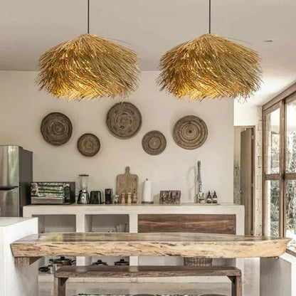 Handwoven Wicker Pendant Light in Natural Straw Shade