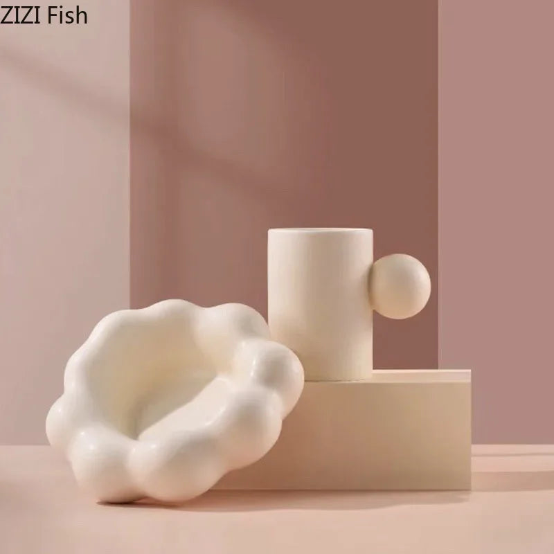 طقم أكواب وصحن سيراميك من DecorBites™ بتصميم حلوى القطن للقهوة والشاي والحليب والعصير