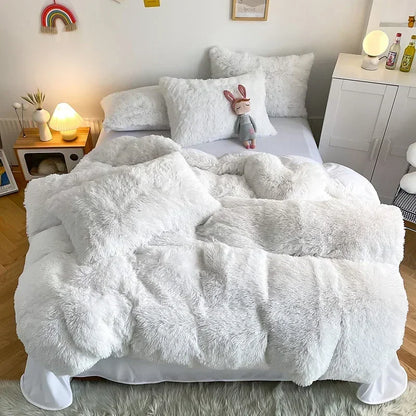 Decobites Fluffy Faux Fur Bedding Set: Duvet Cover, Sheet, Pillowcase - Soft & Warm