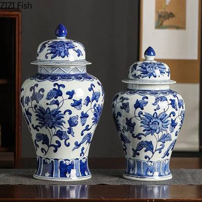 DecorBites™ Blue White Porcelain Bird Flower Jar Tea Canister Vase Desk Decor