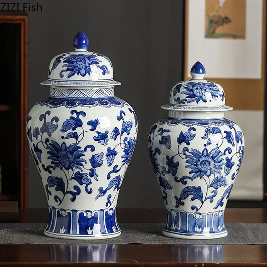 DecorBites™ Blue White Porcelain Bird Flower Jar Tea Canister Vase Desk Decor