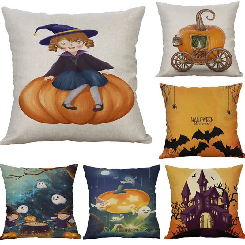 DecorBites™ Halloween Pumpkin Ghost Bat Linen Pillow Cover for Sofa Decor