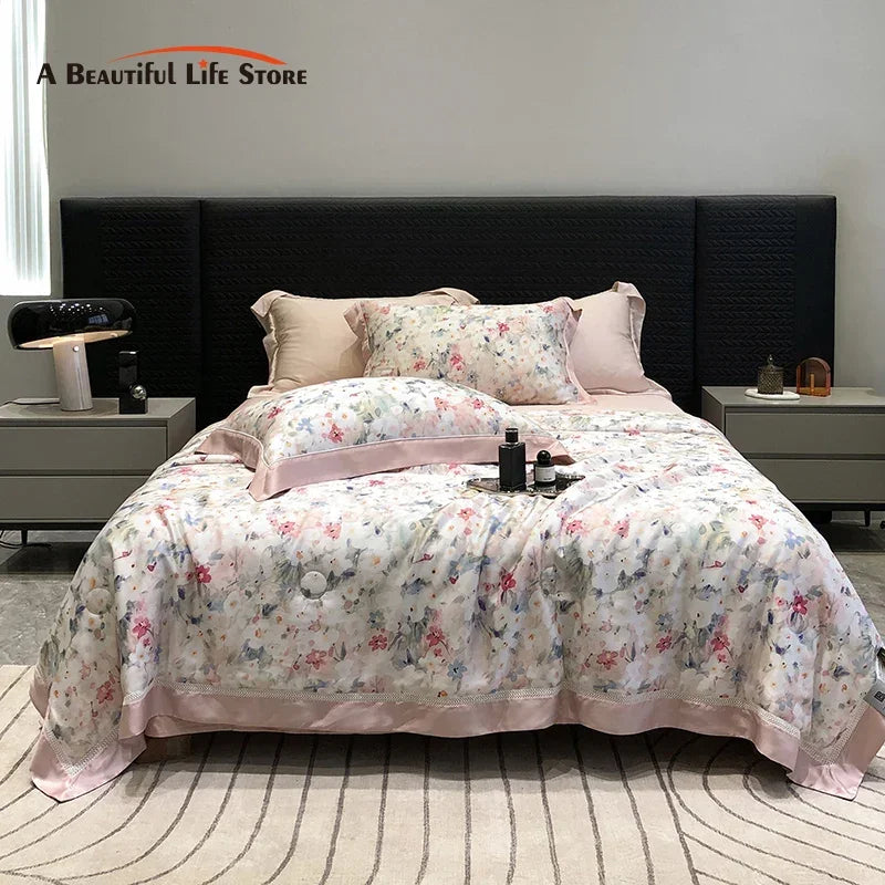 Decobites Lyocell Fiber Flowers Summer Quilt Bedding Set - Soft & Silky Comforter with Bed Sheet