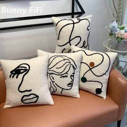 DecorBites™ Lambswool Face Cushion Cover 45x45 Beige White Abstract Art Pillowcase