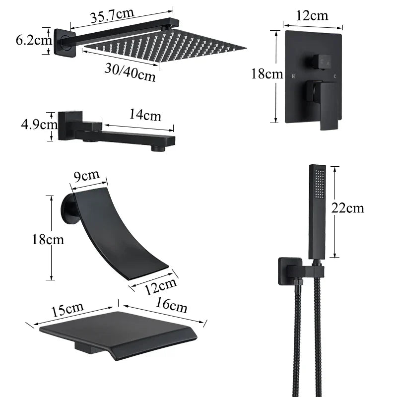 Sistema de ducha mural DecorBites™ negro con teleducha - Grifo de agua de lluvia de 12/16 pulgadas