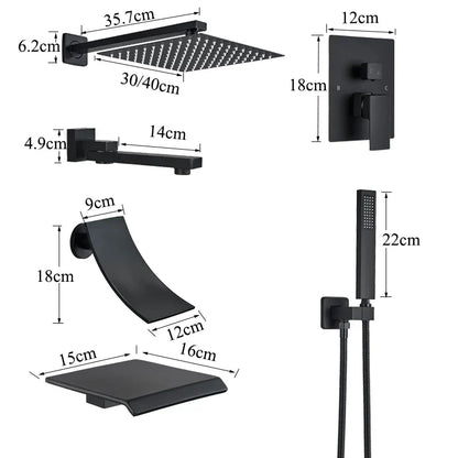 Sistema de ducha mural DecorBites™ negro con teleducha - Grifo de agua de lluvia de 12/16 pulgadas